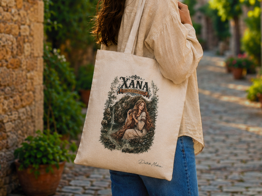 Chica con tote bag de la Xana al hombro en calle empedrada — bolsa de tela con mitología asturiana, Distrito Makers