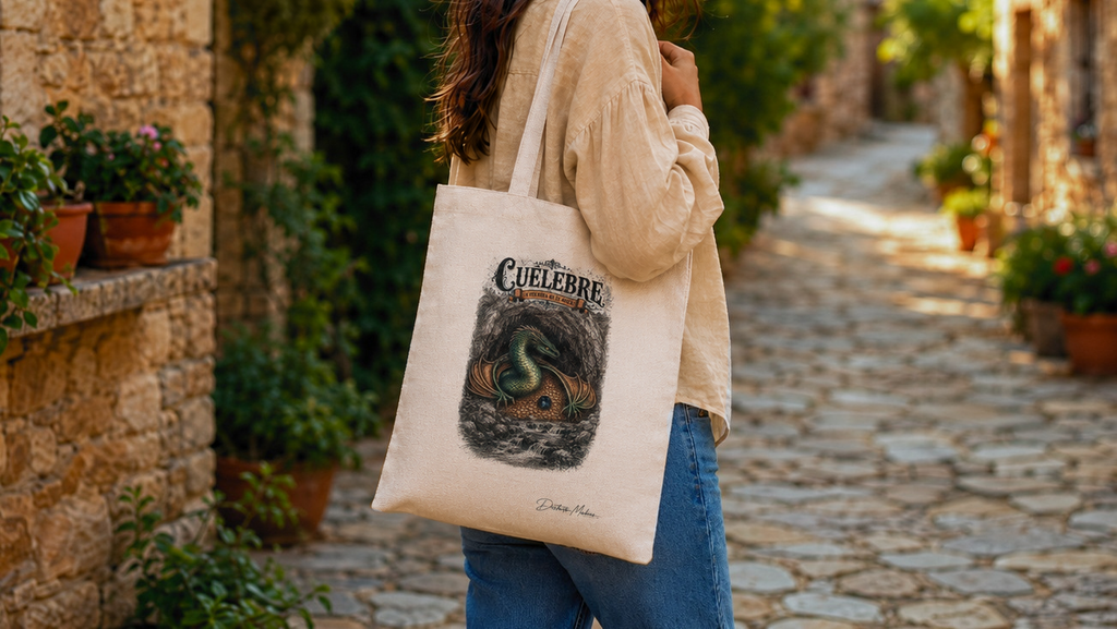 Chica con tote bag del Cuélebre al hombro en calle empedrada — bolsa de tela con mitología asturiana, Distrito Makers