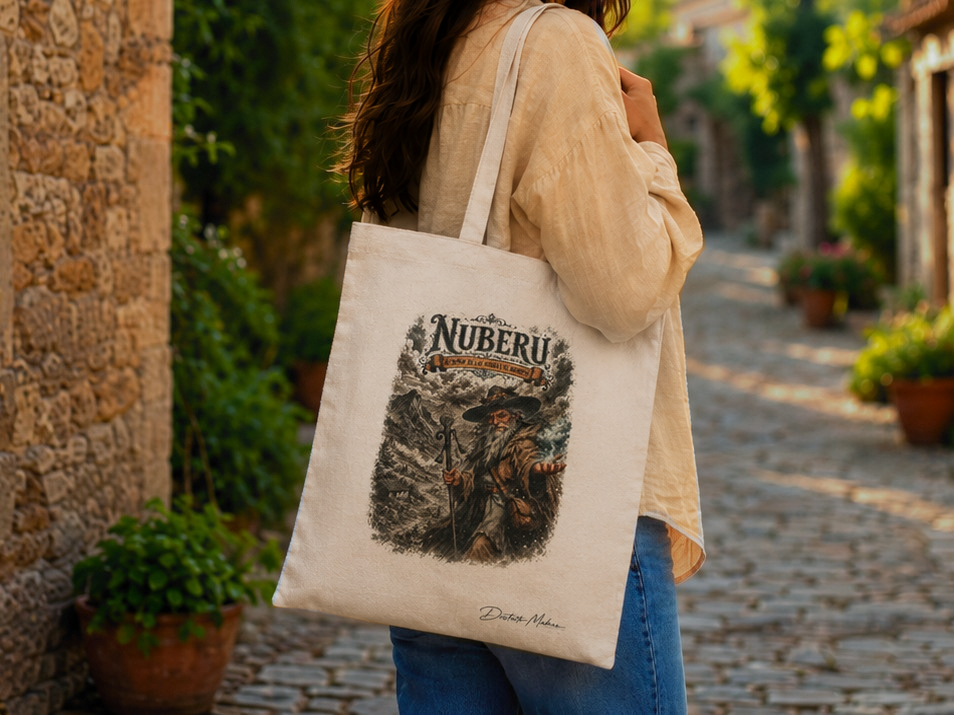 Chica con tote bag del Nuberu al hombro en calle empedrada — bolsa de tela con mitología asturiana, Distrito Makers