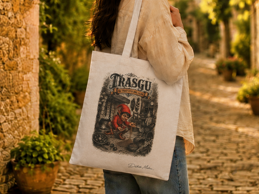 Chica con tote bag del Trasgu al hombro en calle empedrada — bolsa de tela con mitología asturiana, Distrito Makers