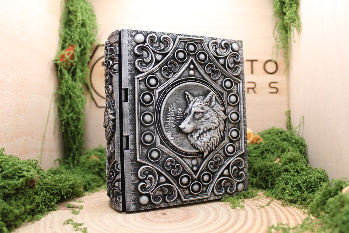 Tapa de la caja secreta del lobo con filigrana en relieve, acabado plateado