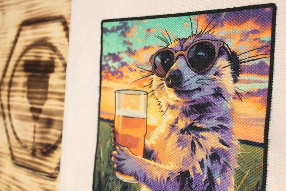 Detalle de la suricata con gafas de sol y la caña estampada en la tote bag «Préstame pola vida»