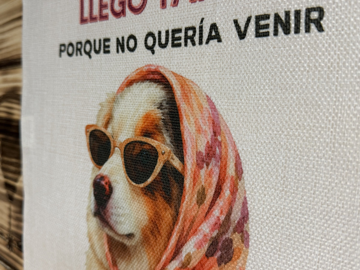 Detalle del perro con gafas de sol y pañuelo estampado en la tote bag «Llego tarde porque no quería venir»