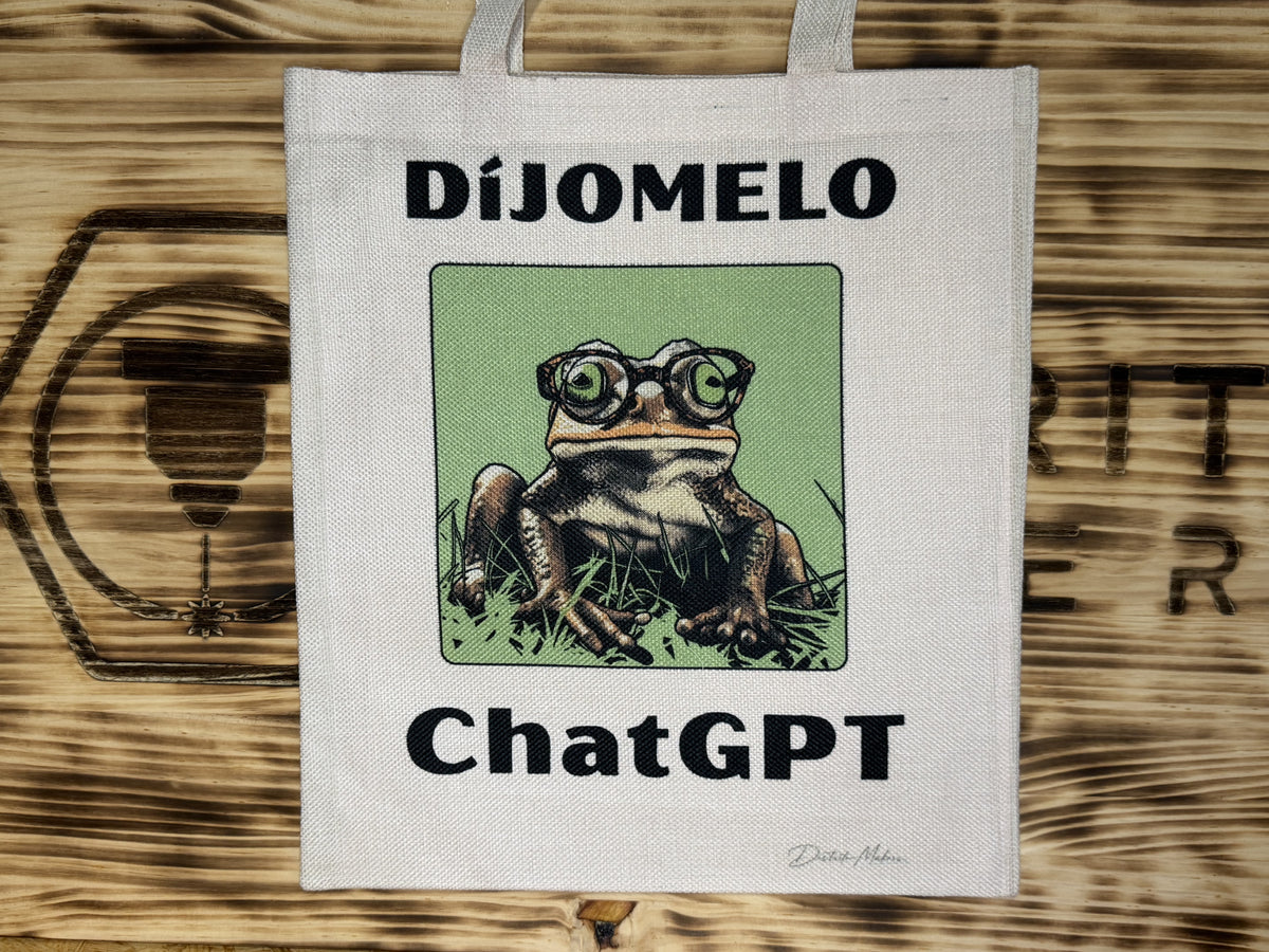 Tote bag de tela símil lino con el lema en asturiano «Díjomelo ChatGPT» y un sapo con gafas redondas sobre fondo verde