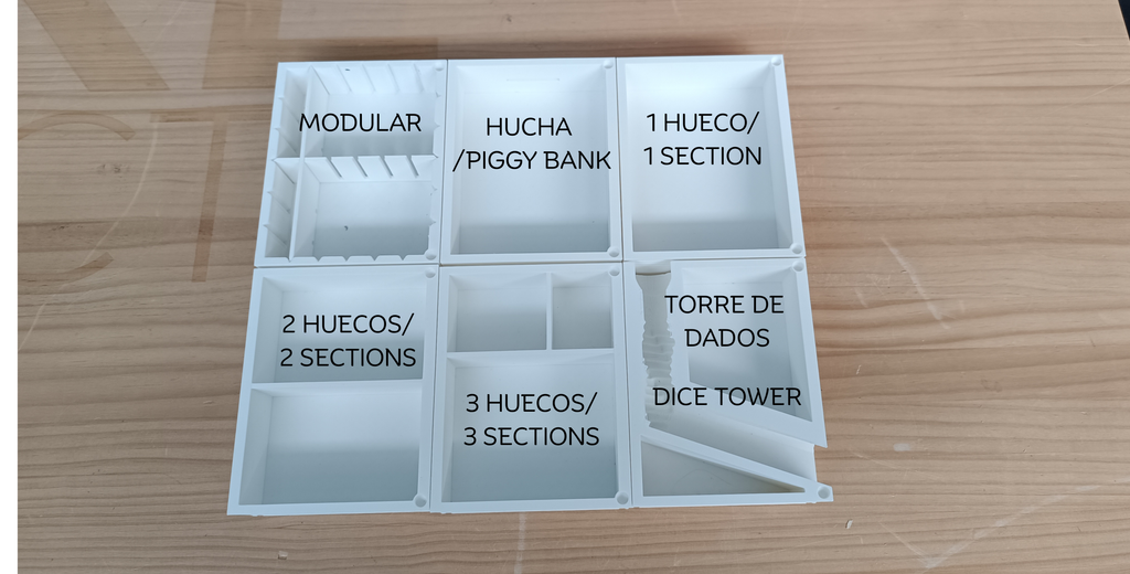 Esquema de los seis interiores de la Alborada: modular, hucha, uno, dos y tres huecos y torre de dados — Distrito Makers