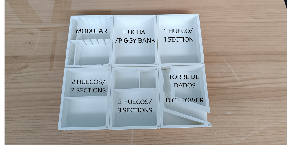 Esquema de los seis interiores de la Alborada: modular, hucha, uno, dos y tres huecos y torre de dados — Distrito Makers