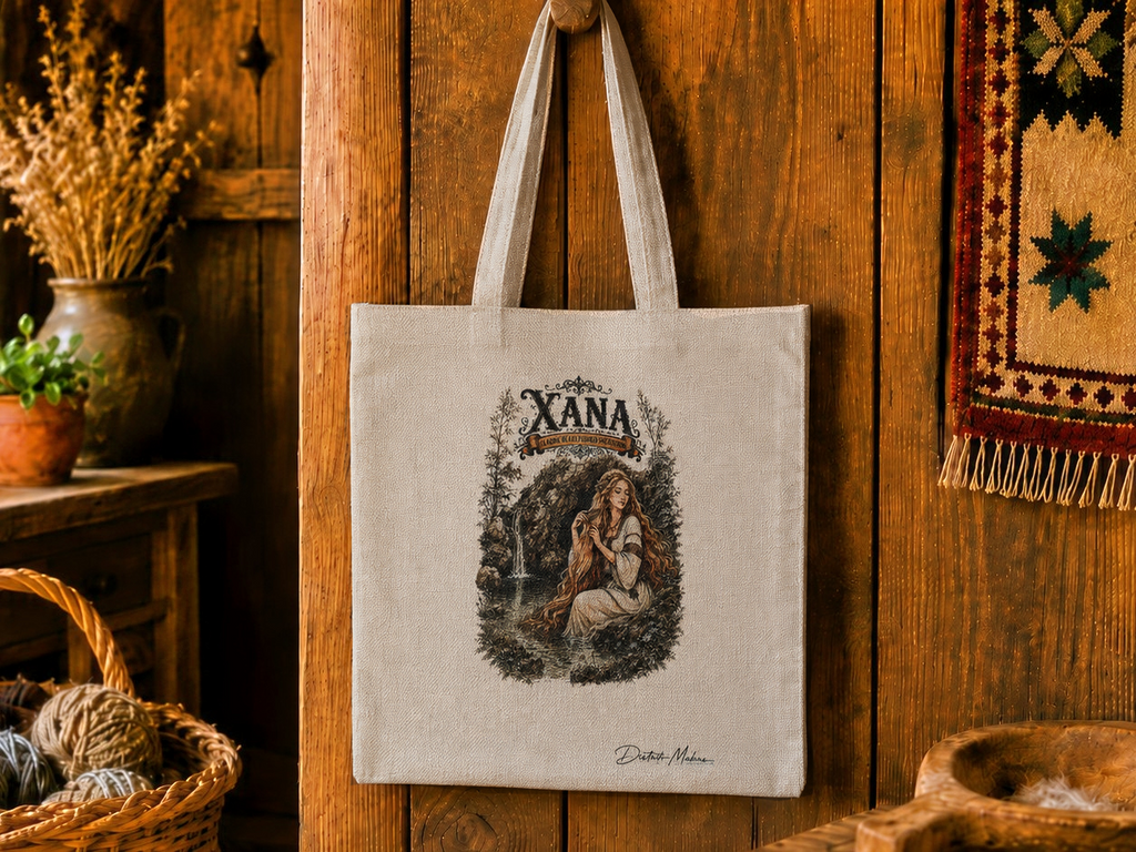 Tote bag símil lino con ilustración de la Xana, la dama de las fuentes encantadas — diseño transferido a mano, Distrito Makers