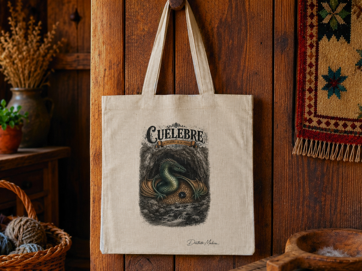 Tote bag símil lino con ilustración del Cuélebre, la culiebra de la ayalga — diseño transferido a mano, Distrito Makers