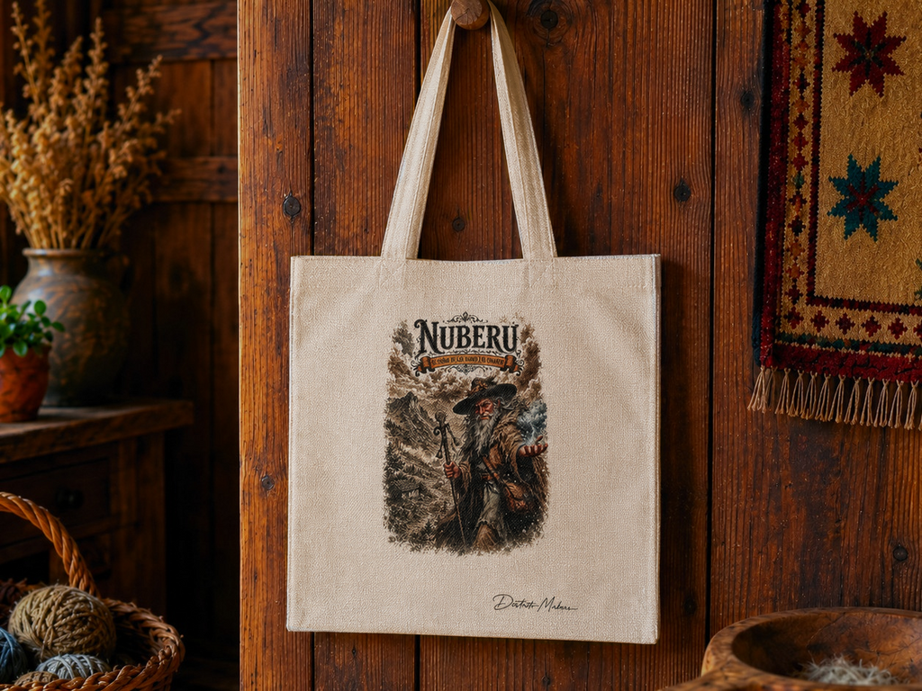 Tote bag símil lino con ilustración del Nuberu, el señor de las nubes y el granizo — diseño transferido a mano, Distrito Makers