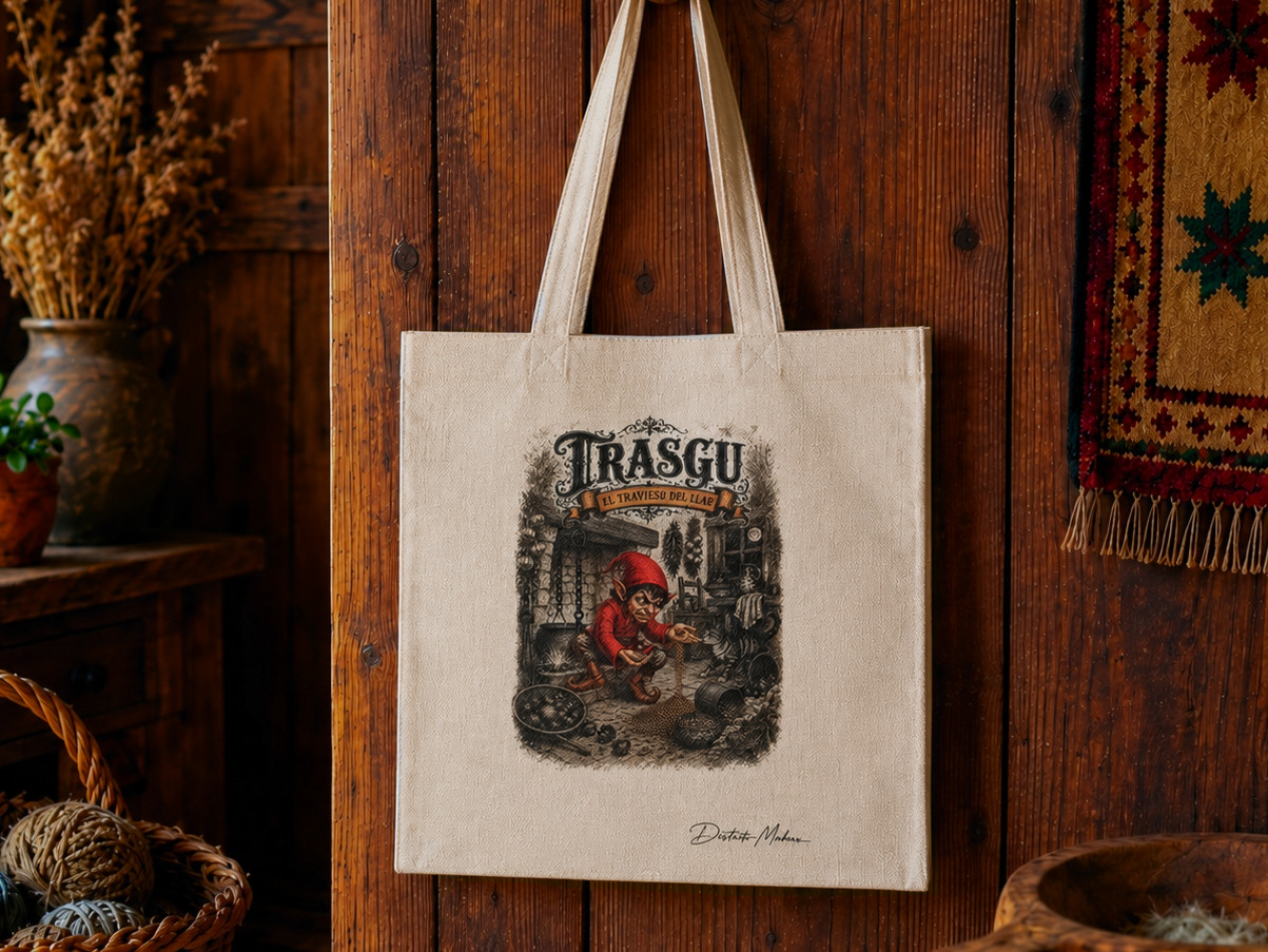 Tote bag símil lino con ilustración del Trasgu, el traviesu del llar — diseño transferido a mano, Distrito Makers