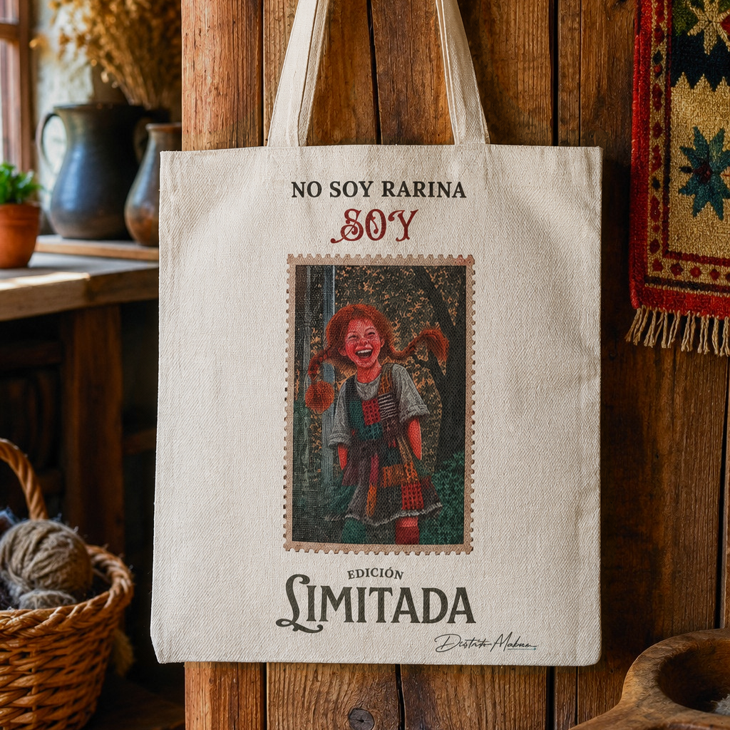 Tote bag símil lino con diseño «No soy rarina, soy edición limitada» — ilustración transferida a mano, Distrito Makers